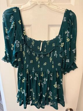 Free People Teal Green Floral Smocked Top
